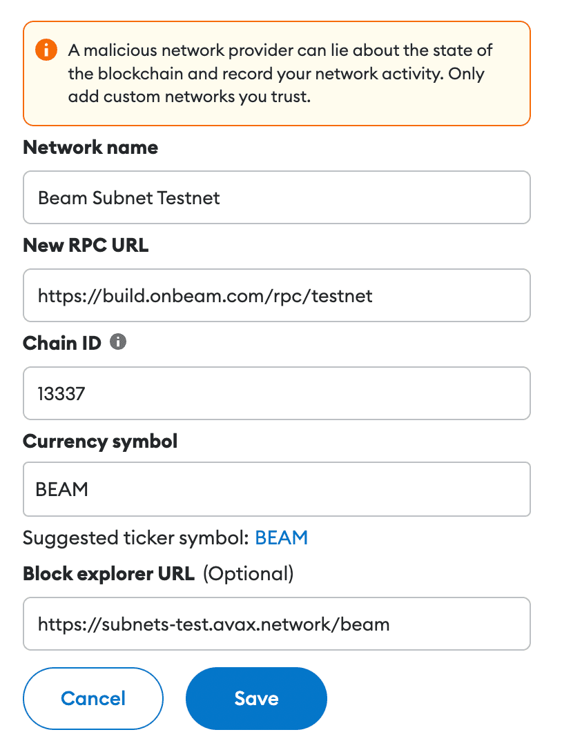 MetaMask Settings Beam Testnet RPC